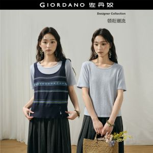 GIORDANO Women T-Shirts Two-Piece Set Jacquard Knit Cami Short Sleeve Fashionable Casual Loose T-Shirts 18356218