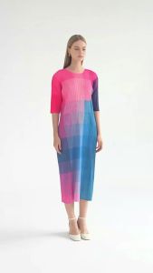 6489 One Size (45-75kg) Rainbow Color Block Print Summer Round Neck Five-Sleeve Mid-Length A-Line Dress