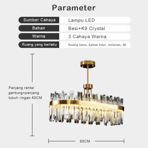 Lampu Gantung Kristal K9 Cahaya Mewah 3 Warna Led Bulat Panjang Chandelier Lampu ruang tamu/lampu dapur/lampu kamar tidur/lampu kamar