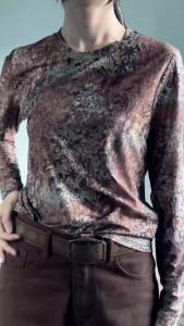 AMMIN 2025 Autumn New Simple Round Neck Fashionable High Elastic Mesh Long Sleeve T-Shirt for Women Korean Style Retro Floral Print Casual Elegant Blouse