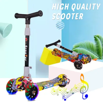 2-12yrs Kids Music Scooter LED Flash Three-wheel Graffiti Folding Kick Scooter Adjustable Height Ride-on Push Scooter for Boys Girls Toys