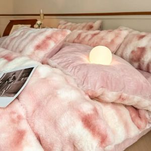 FFBH 4pc Winter Bed Sheet Set Warm Milk Velvet Rabbit Velvet Duvet Cover Thickened Double-sided Flannel Bed Blanket Coral Bedding Set N7Y3P