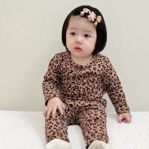 1Set Baby Pajama Set Childrens Underwear Set Girls Spring Autumn Long Sleeve Pants Leopard Print Home Sleepwear Kids Clothing2026
