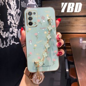 YBD Phone Case For OPPO A74 5G A93 5G A93S 5G A54 5G Reno 4 Reno 5 5G Reno5 4G Casing Fashion Full Screen Flower Pattern Beautiful Cute girl style cover with Four Leaf Clover Bracelet