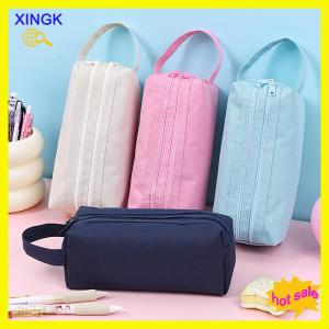 XINGK Double Layer Zippers Pencil Case Stationery Storage Bag Large Capacity Solid Color Pencil Pouch School Supplies