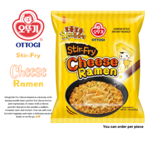 OTTOGI CHEESE RAMEN SPICY CHEESE RAMEN OTTOGI STIR-FRY RAMEN NOODLES Stir Fry Cheese Ramen features a gourmet cheesy flavour that provides a milkier creamier texture that is delicious to taste.