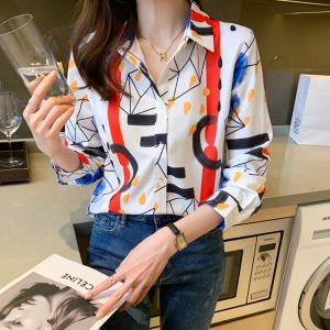 New Fashion Korean White Long Sleeve Women Shirt Personalized Print Casual OL Work Party Top Clothes
