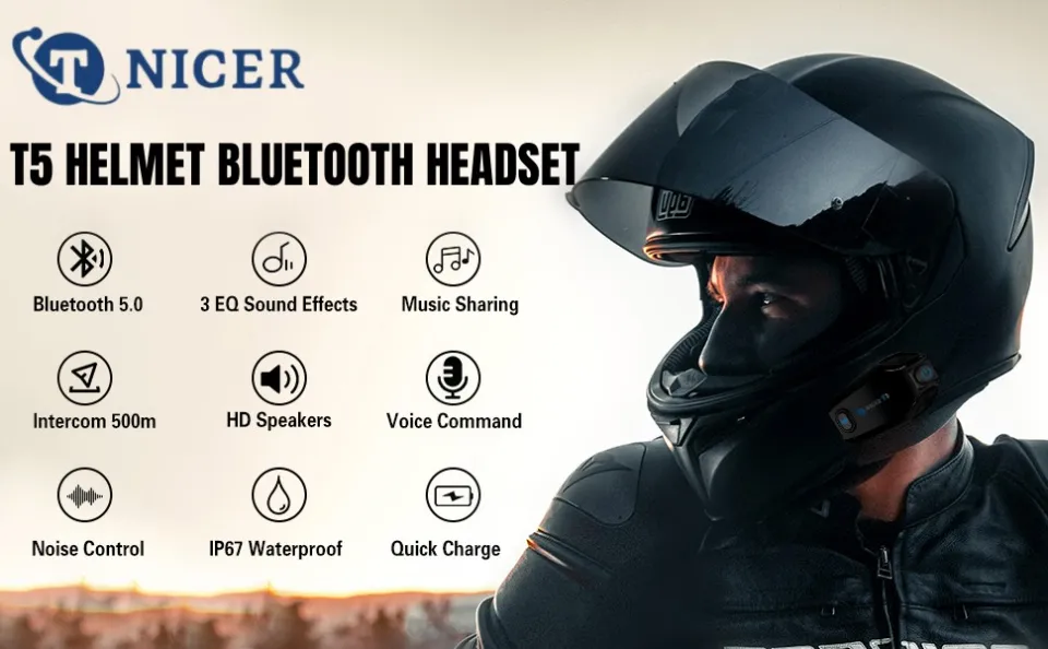 TNICER T5 Motorcycle Helmet Bluetooth Headset, 500m 2-people Intercom,  Music Sharing, EQ Sound Effects