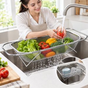 Retractable Stainless Steel Kitchen Sink Strainer Drain Basket Vegetable Fruit Rack Dish Holder Fine Mesh Durable Multi Use Easy Storage