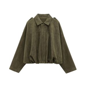 OWMXZL Cổ áo lật Áo khoác phi công Kết cấu da lộn Lỏng lẻo Trang phục bên ngoài Khóa Thời trang đường phố
