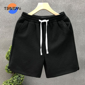 Seluar pendek bertekstur jacquard geometri wafellelaki seluar lima kaki lebar dengan tali elastik saizbesar baharu Musim panas