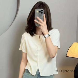 YUEQIN2 Shop เสื้อยืดแขนสั้นสีดำเรียบง่ายสำหรับผู้หญิงฤดูร้อนเสื้อสีขาวดำ