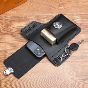 Men Leather Fanny Waist Bag / Male Mobile Phone Belt Pouch / Vertical Type Keychain Card Holder