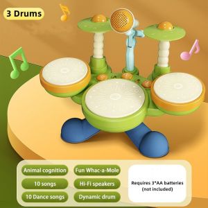 MINSINE Dual-purpose baby drum seteducational toy 5-in-1 music education instrument with microphone and non-slip pad for sitting and standing use.