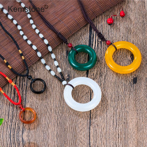 Kemstone Black Agate Circle Pendant Rope Necklace for Women Men Cool Jewelry Gifts Adjustable