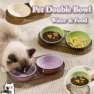 2-in-1 Removable Cat Dog Double Bowl Split Food and Water Dish with Neck Guard Pet Feeder Bowl