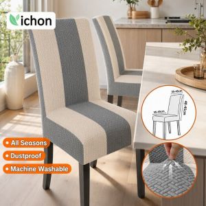 Keranixy Chair Cover Stretch Fit T Shape Elastic Striped Polyester Washable Home Dining Decor