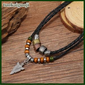 tuokaiguoji สร้อยคอลูกปัดเชือกหนังเทียมซ้อนกันสำหรับผู้ชายสร้อยคอจี้ลูกศรชนเผ่าแบบชั้นวินเทจสำหรับผู้ชายเครื่องประดับสร้อยคอปกเสื้อ