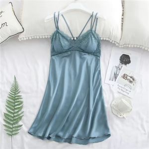 INTIMA Backless Pajamas untuk wanita sutera ais sutera v-leher suspender pakaian tidur nipis renda seksi Plus saiz pakaian malam dengan Pad dada Home Wear satu warna pakaian tidur M-XXL