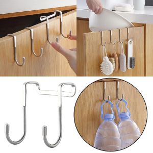 1pcs Stainless Steel Bathroom Kitchen Cabinet Door Back Hook/Home Creative Double S-type Free Punching Door Hanger/Door Storage Heavy Duty Space Saving Storage Holder/Home Office Multifunction Hanging Racks