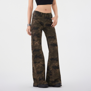 S~6XL Relaxed Vintage Camouflage Denim Low-Waist Straight-Leg Pants – Long
