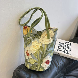 Women Nylon Bucket Bag Cute Puppy Illustration Shoulder Bag Casual Tote Bag for Daily Use