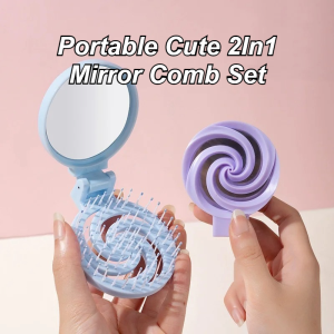 Portable Foldable Barber Spiral Shaped Hair Comb Mirror 2In1 Household Mini Scalp Massage Brush