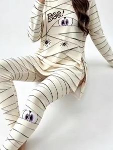 {READY STOCK}Womens Halloween Mummy Boo Spider Pattern 2pcs Set Long Sleeve Slit Top & Stretchy Leggings a Casual Halloween Party Loungewear Set Suitable for Daily Home Wear and Leisure a Stylish Casual Swear Choice