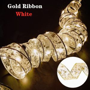 NUVOX Christmas Ribbon Fairy Lights 33Ft 100 LED String Lights Battery Operated 2In Gold Foil Ribbon with Warm White Twinkle Firefly Lights Indoor Starry Holiday Decoration for Christmas Tree