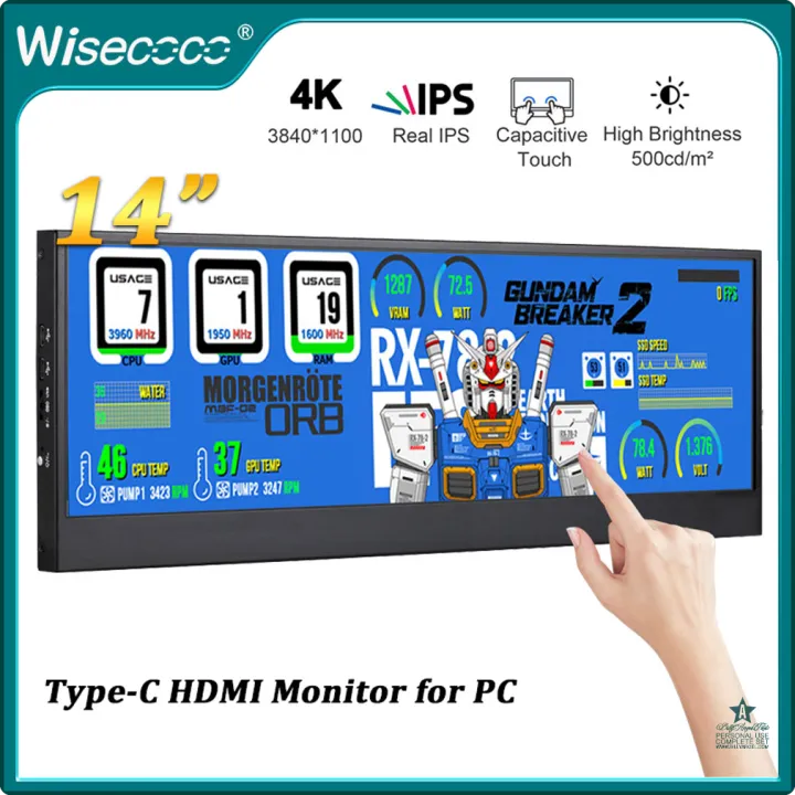 [op042] Wisecoco 14 Inch 3840x1100 4K Stretched Bar Monitor Touchscreen ...