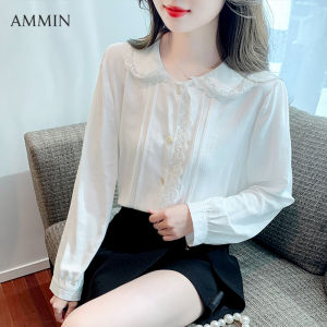 AMMIN ชุดเสื้อหรูหราเดินทางสไตล์ฉบับภาษาเกาหลีของผู้หญิงเสื้อชีฟองแขนยาวคอปกผ้าลูกไม้กลวงลายดอกไม้เย็บปักถักร้อยหวานเรียบง่ายใหม่ฤดูร้อน