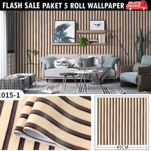Paket 5 Roll Wallpaper Dinding Motif Kayu Panel Salur PVC Sudah Ada Lem Perekat Ukuran 45cm x 4m