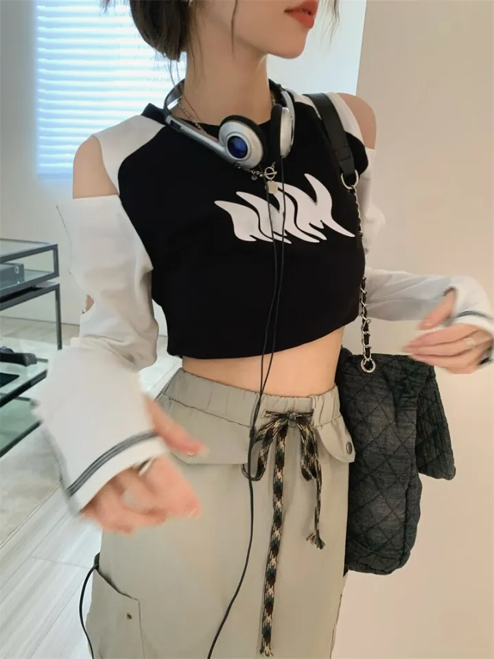 2023 Contrast Crop T-shirt Women Y2k Fashion Hollow Out Long Sleeve T  Shirts Summer Korean Street Sexy Y2k Slim-fit Tops