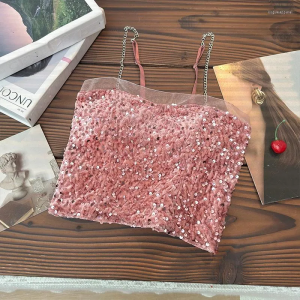 (SUPER SHOPPING) Womens Tanks Sequins Top Camis Bling Boho Built In Bra Camisole Crop Tops