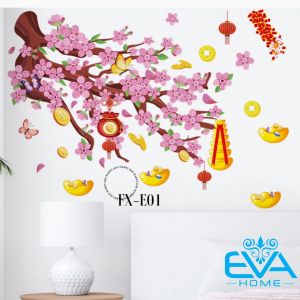 Decal Dán Tường Dán Kính Trang Trí Tết Họa Tiết Cành Đào Hồng Và Thổi Vàng Đón Xuân FX-C128 M3593