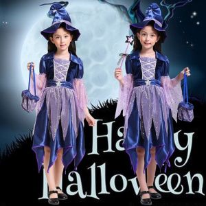 AODDO 100-170cm Halloween Party Costume Set Bag Hat with Wand Girls Kids Witch Dress Outfit Fairy Gothic Ghost Cosplay Carnival Witch Costume Party Wear