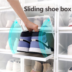 Stackable Shoe Storage box - Plastic Shoe Organizer and Container with Sliding Tray comes boxes for Shoes and Sneaker with Clear Front Lids for Easy Push and Pull