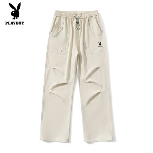 PLAYBOY Mens Sweatpants Youth Loose Waterproof Korean Version of Solid Color Straight Thin Waist Pants Trend