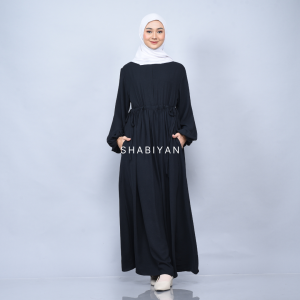 SHABIYAN Maxi Abaya Hitam Polos Modern - Baju Gamis Leher Bulat Lengan Panjang untuk Resmi