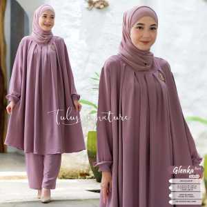 Tulus Signature Glenka Set Jumbo LD 120 Oneset Wanita Muslim Setelan Celana & Long Tunik Bahan Crinkle Airflow Import Motif Polos Lengan Panjang
