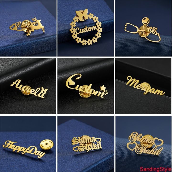 Custom Name Brooch Pin /Personalized Letter Lapel offers Pin With Monogram Font Gold Stainless Steel Name Jewelry