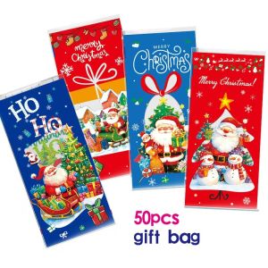 50pcs Santa Claus Pattern Candy Bag Merry Christmas Cookie Gifts Wrapping Bags Christmas Decoration Supplies