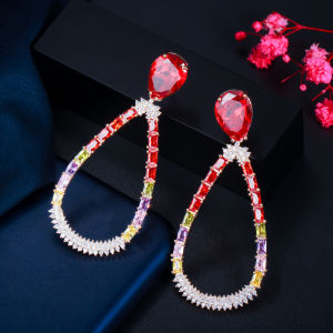 SEQUITO Brilliant Multicolor CZ Stone Gold Plated Hollow Out Water Drop Bohemian Big Earrings with 925 Silver Pin Boho Jewelry for Women SE533