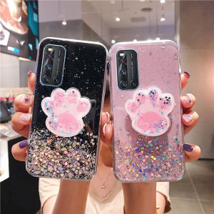 GFAITH For VIVO V19 V17 Case VIVO V19 Neo Glitter Bling Sequins VIVO V17 Casing Starry Sky Stars Transparent Soft Phone Case Cartoon Cat Claw Bracket Cover
