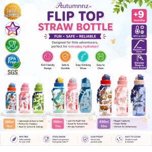 Autumnz Kids Children Water Bottle *BPA free Tritan Preschool Boy Girl Flip top Straw Water Bottles (350/500/630ml)