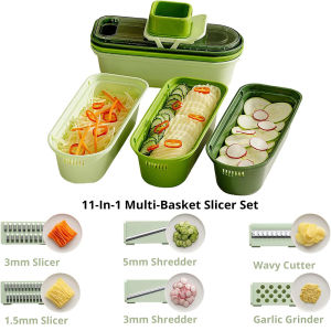 11-In-1 Professional Slicer for Kitchen Multifunctional Food Chopper Slicer & Shredder & Grinding for Potato Tomato Veggie with 3 Strainer Baskets