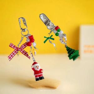 YILU Cute Christmas Tree Santa Claus Keychain Pendant Bow Fur Ball Bead Phone Chain Bag Hanging Backpack Charm Keyring Accessory Gift