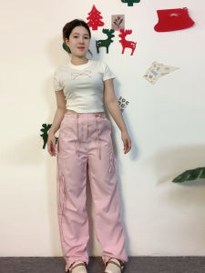 ชุดเซ็ตสไตล์ย้อนยุค เสื้อแขนสั้นผูกโบว์+กางเกงขากระบอก