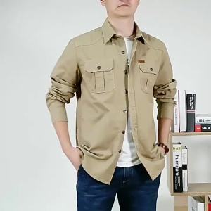 Spring Cotton Cargo Shirt For Men Long Sleeve Multi-Pocket Shirts Outdoor Casual Colthing Militar Overshirt