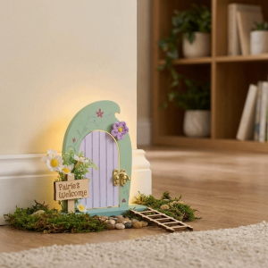 Cartoon Wooden Fairy Door Ornaments with Ladder Detachable Dollhouse Decor Creative Miniature Simulation Fairy Door Room Balcony